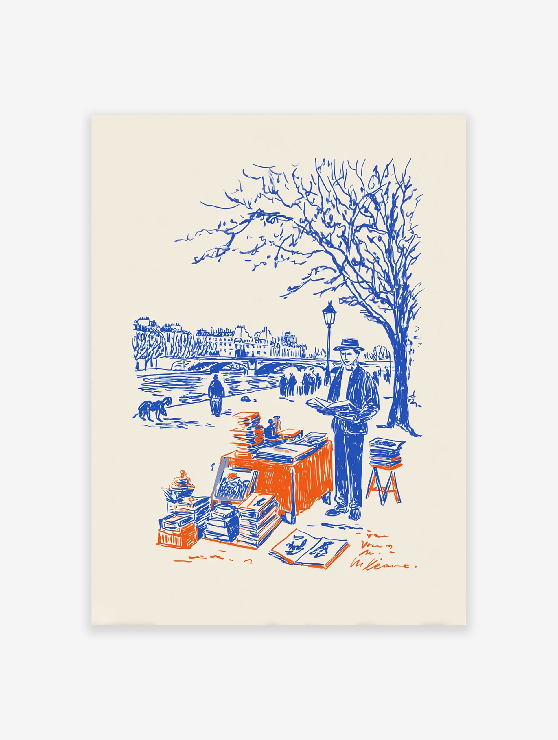 Paris bookseller poster illustration in blue and orange, depicting a bouquiniste by the Seine River with a bridge and city in background.
