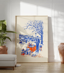 Paris bookseller poster illustration in blue and orange, depicting a bouquiniste by the Seine River with a bridge and city in background. - Image 3