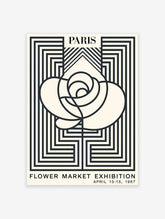 Paris Flower Market Exhibition poster featuring a minimalist black and white rose design with geometric lines from 1967.