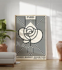 Paris Flower Market Exhibition poster featuring a minimalist black and white rose design with geometric lines from 1967. - Image 3
