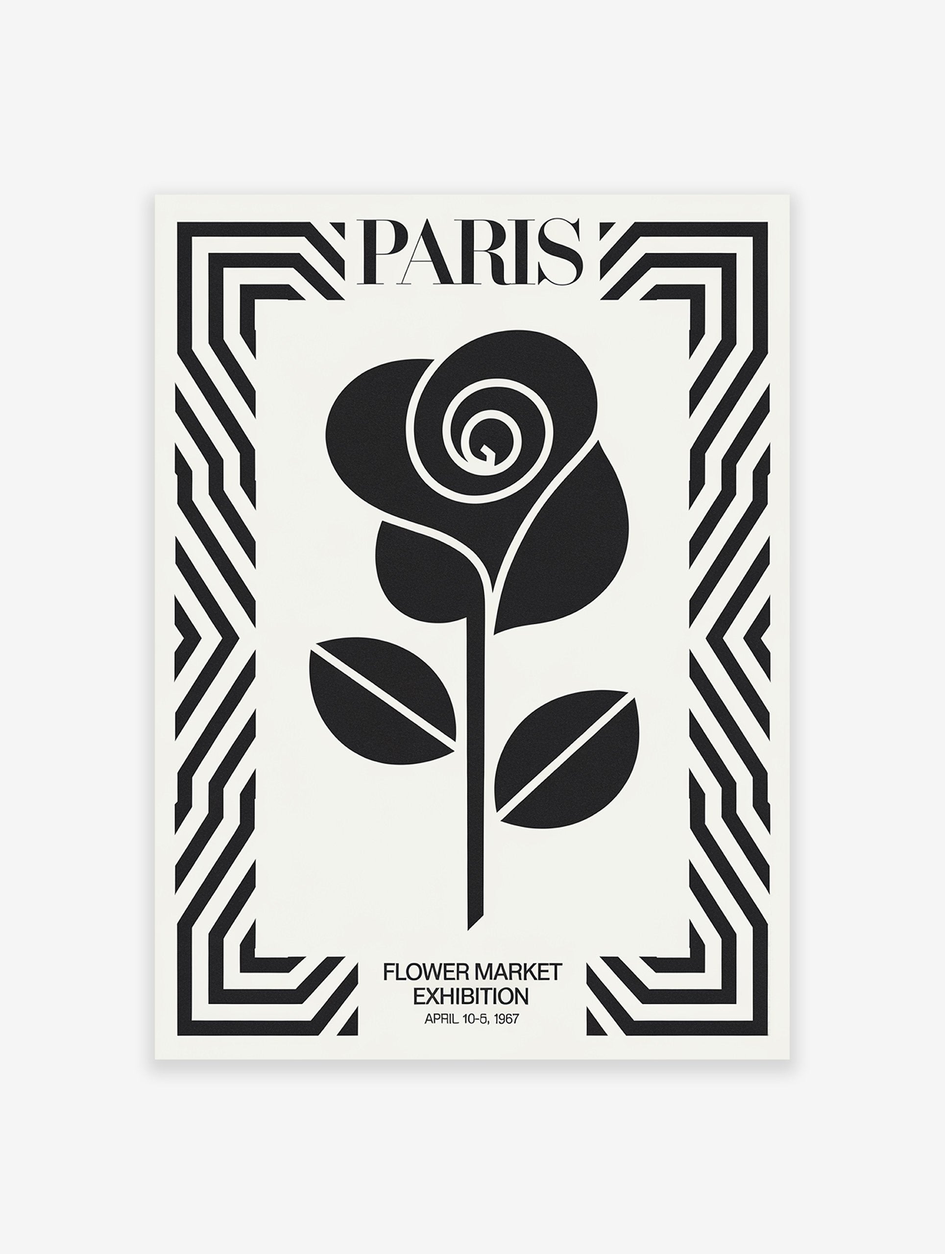 Paris Flower Market poster featuring a black rose illustration within a bold geometric black and white border and text.