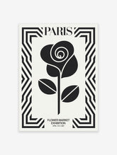 Paris Flower Market poster featuring a black rose illustration within a bold geometric black and white border and text.