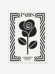 Paris Flower Market poster featuring a black rose illustration within a bold geometric black and white border and text.