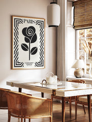 Paris Flower Market poster featuring a black rose illustration within a bold geometric black and white border and text. - Image 2