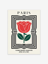 Paris Flower Market poster featuring a red rose illustration with green leaves within a black and white geometric frame.