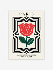 Paris Flower Market poster featuring a red rose illustration with green leaves within a black and white geometric frame.