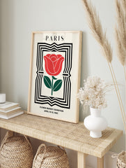 Paris Flower Market poster featuring a red rose illustration with green leaves within a black and white geometric frame. - Image 4