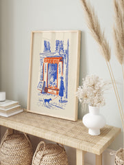 Paris street scene poster of a woman walking a blue dog on a red leash past a cafe with a red awning. - Image 4