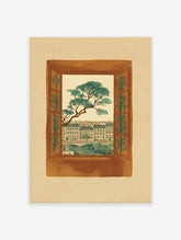 Illustrative Paris window view art print with a large green tree, city buildings, river, and bridge, framed by a brown window.