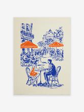 Illustrated blue and orange cafe poster depicting a couple at a Parisian street cafe with buildings in the background.