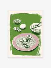 Illustrated spaghetti and clams pasta print on a pink plate with lemon and sauce on a green background.