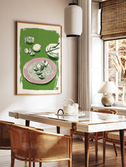 Illustrated spaghetti and clams pasta print on a pink plate with lemon and sauce on a green background. - Image 3