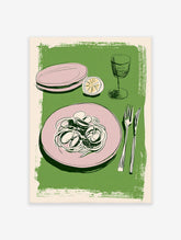 Illustrated Italian pasta with clams, lemon, pink plates, forks, and a wine glass on a green background. Food wall art.