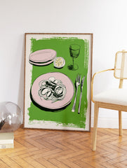 Illustrated Italian pasta with clams, lemon, pink plates, forks, and a wine glass on a green background. Food wall art. - Image 2