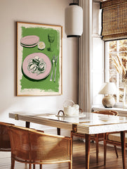 Illustrated Italian pasta with clams, lemon, pink plates, forks, and a wine glass on a green background. Food wall art. - Image 3