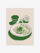 Green pasta wall art illustration featuring spaghetti on a plate with sliced lemons and a bowl on a light background.