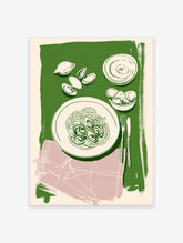 Illustrative wall art of spaghetti alle vongole with clams and lemon on a green background, perfect for kitchen decor.