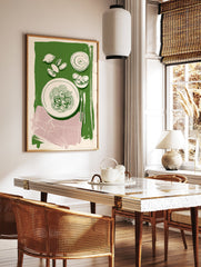 Illustrative wall art of spaghetti alle vongole with clams and lemon on a green background, perfect for kitchen decor. - Image 3