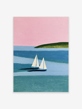 Pastel coastal poster of two white sailboats on blue water with a green island and pink sky
