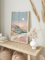 Abstract pastel landscape painting with rolling hills under a soft blue sky with a full moon. - Image 3