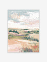 Pastel landscape painting of coastal dunes with green grasses and a soft sky, featuring textured brushstrokes.