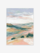 Pastel landscape wall art featuring rolling hills and soft sky with bushes in the foreground, rendered in an illustrative style.