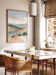 Pastel landscape wall art featuring rolling hills and soft sky with bushes in the foreground, rendered in an illustrative style. - Image 2