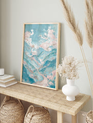 Pastel mountain landscape art painting with teal and pink hues, featuring a winding road and fluffy clouds. - Image 3