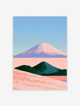 Pastel mountain landscape poster with snow-capped volcano, dark green hills, and pink foreground