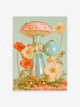 Pastel mushroom art print with pink cap, gold beads, teal stalk, and cream flowers on pale green background