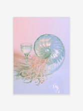 Pastel nautilus shell art print with glass goblet and pearl strands on pink background