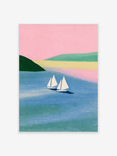 Pastel sailing boat poster with two white yachts on blue water, green hills and pink sky
