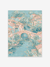 Pastel village landscape painting with a river, stone bridge, and houses in soft blue and pink tones.