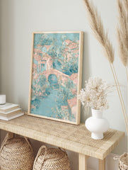 Pastel village landscape painting with a river, stone bridge, and houses in soft blue and pink tones. - Image 3
