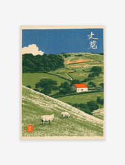Japanese-style illustrative pastoral landscape art print featuring sheep on green hills and a cottage with a red roof