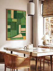 Aerial view of green and beige patchwork farmland fields, illustrative landscape wall art print, in a styled room mockup