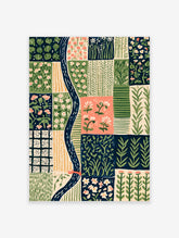 Colourful patchwork garden art print with winding blue river, floral squares, and green meadow patterns