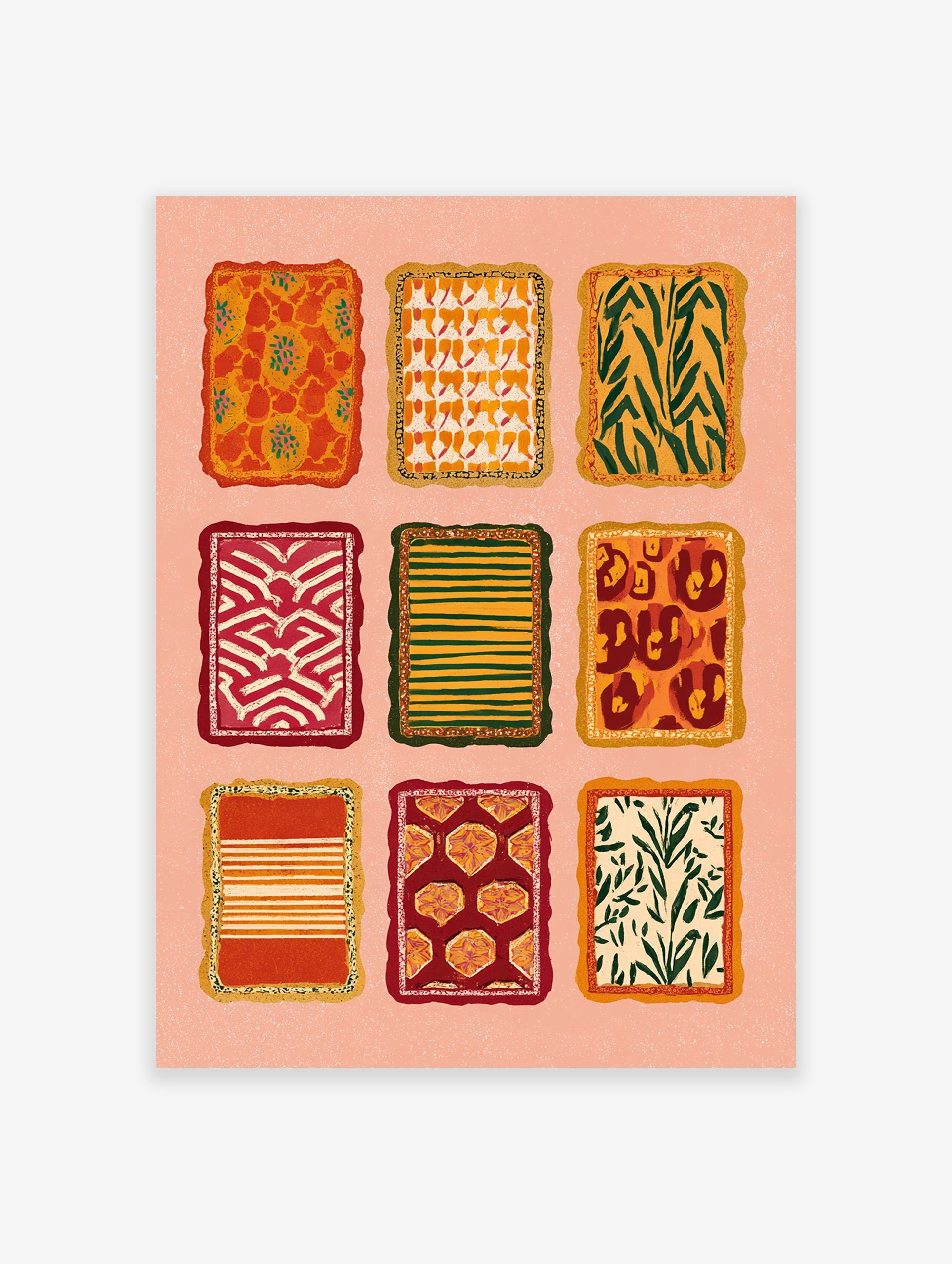 Grid of nine multi-color pattern art designs with abstract, botanical, and animal prints in warm tones on a peach background.