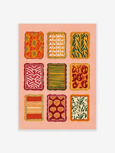Grid of nine multi-color pattern art designs with abstract, botanical, and animal prints in warm tones on a peach background.
