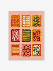 Grid of nine multi-color pattern art designs with abstract, botanical, and animal prints in warm tones on a peach background.