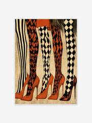Fashion illustration of five pairs of legs wearing striped, diamond, and harlequin patterned hosiery with red high heels