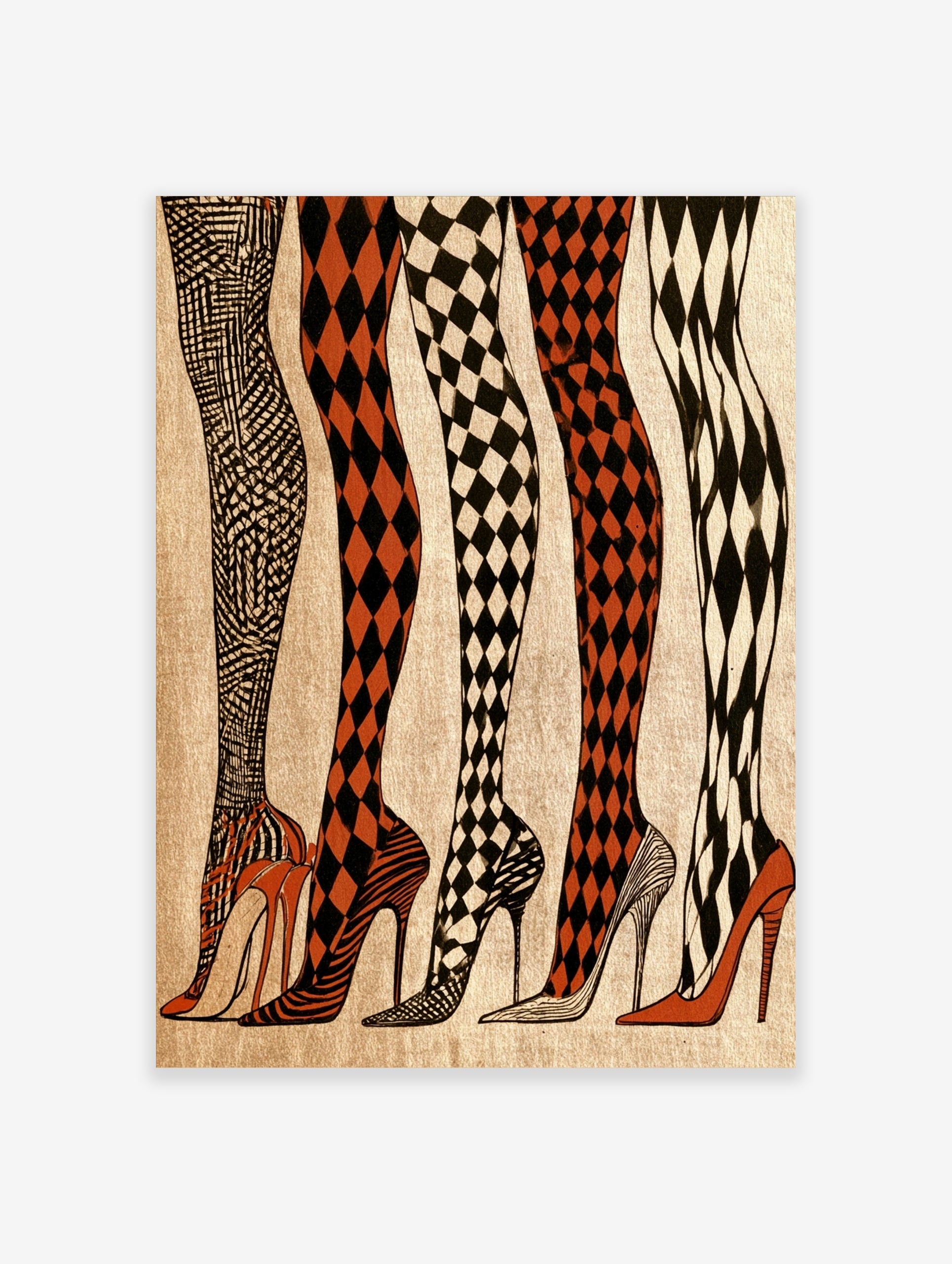 Fashion illustration of five legs in patterned tights and high heels in black, white, and orange colours