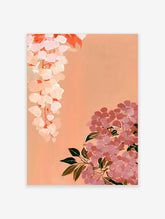 Peach blossom wall art print with white and pink flowers on a peach background