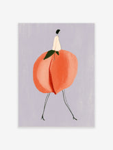 Surreal art print of a small figure sitting on a large coral peach with green leaf on lavender background