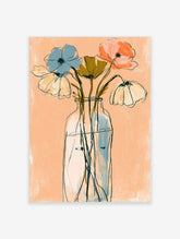 Peach floral vase wall art print with blue, orange and cream flowers in a clear glass vase