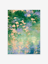 Peach floral water poster with blossoms and green leaves reflecting in a rippling pond