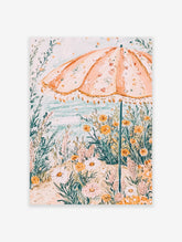 Watercolor beach scene poster with a large peach floral umbrella, yellow and white flowers, green foliage, and blue sea.