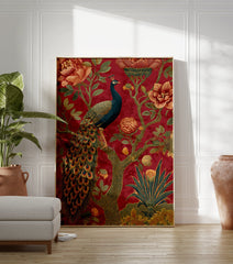 Peacock & Botanical Poster with a majestic blue peacock on a tree branch, surrounded by large red and gold flowers on a deep red background. - Image 3