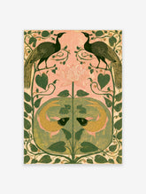 Symmetrical Indian-style peacock and fish art print with pink lotus and green foliage on pink background