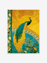 Vibrant yellow and teal peacock illustration poster with green feathers standing on a decorative arch with flowers.